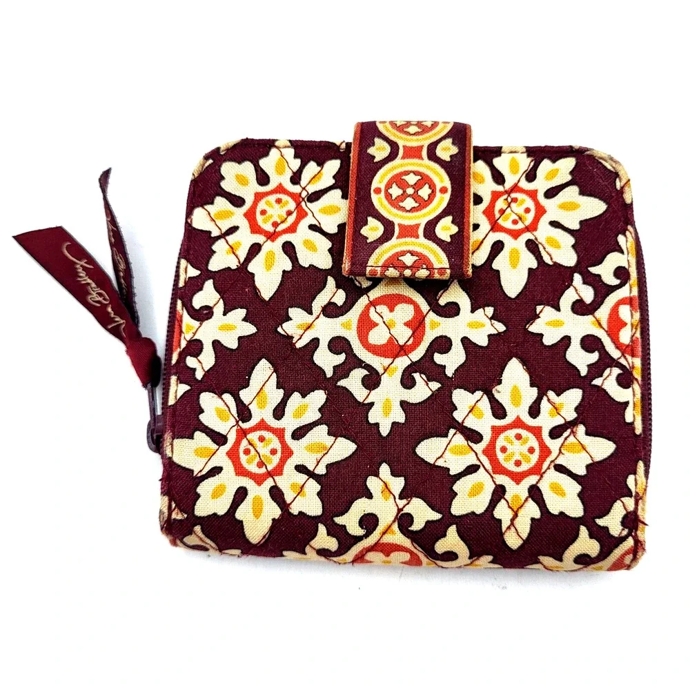Vera Bradley Bifold Mini Zip Wallet Burgundy Gold Floral Medallions - Picture 8 of 8